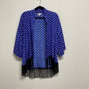Royal Blue Patterned Cover-Up/Shawl with Black Fringe